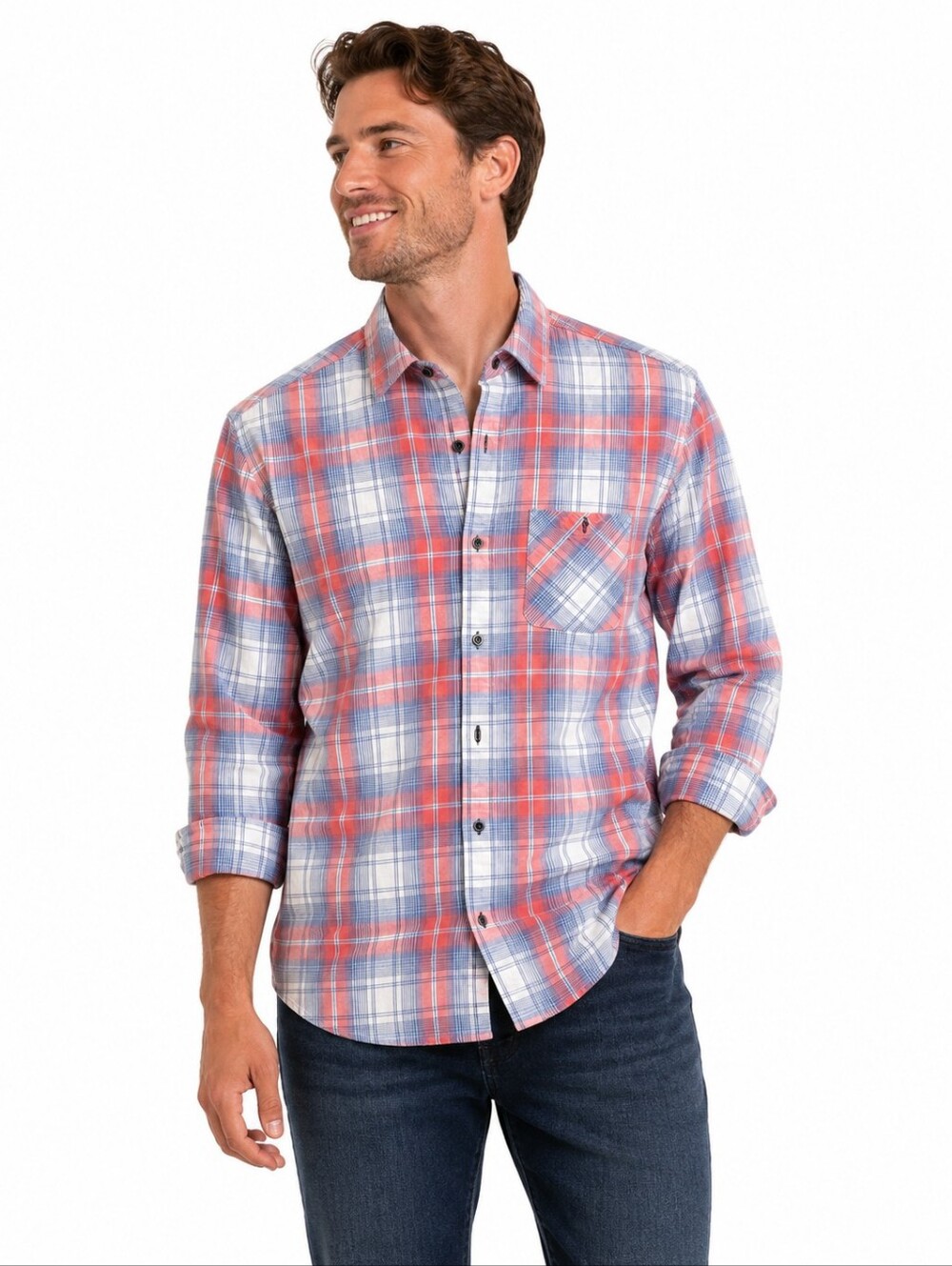 Flag & Anthem Plaid Button-Up Shirt Men’s Small Tall Pink Blue Long Sleeve Casua